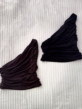 Express Asymmetrical One-Shoulder Crop Tops in Black and Dark Brown